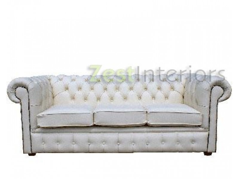 Chesterfield White Genuine Leather 3 Seater Sofa Bed